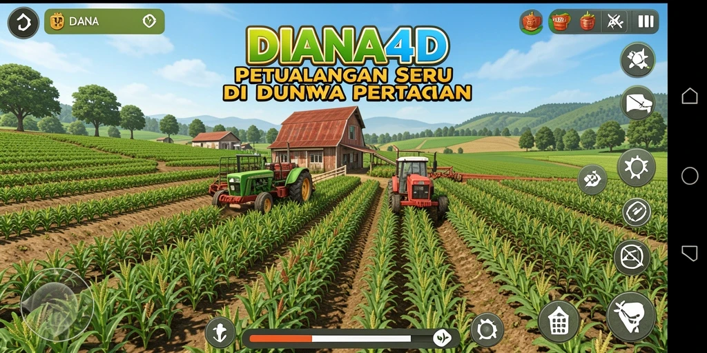 Screenshot gameplay DIANA4D menampilkan lahan pertanian yang subur dengan tanaman berkembang.