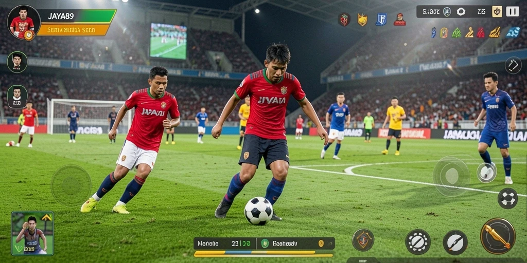 Screenshot utama JAYA89 menampilkan aksi pertandingan sepak bola yang mendebarkan.