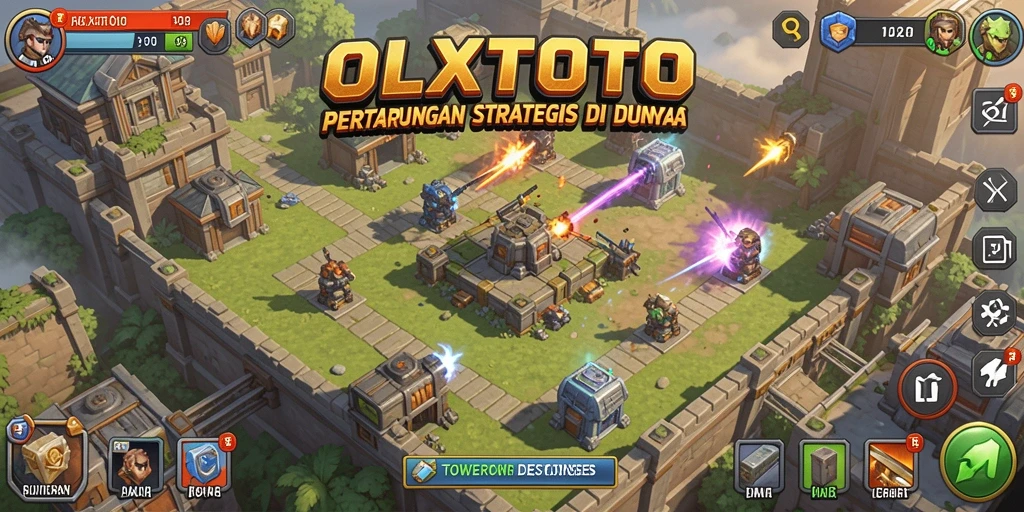 Gameplay OLXTOTO menampilkan menara strategis melawan gelombang musuh.