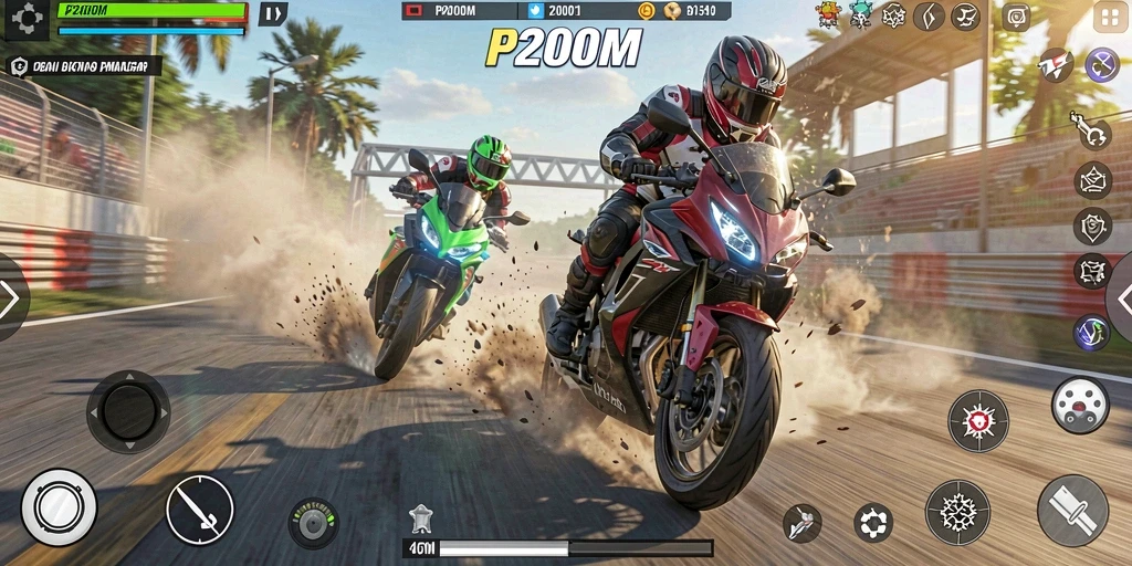 Screenshot P200M menampilkan aksi balapan motor yang mendebarkan.