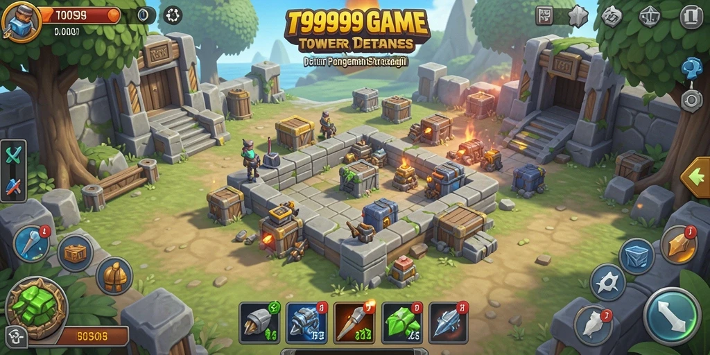 Screenshot utama T9999 menunjukkan menara strategis yang melindungi wilayah.